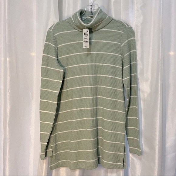 Sage Green & White Striped Knit Lightweight Turtleneck - Picture 1 of 3